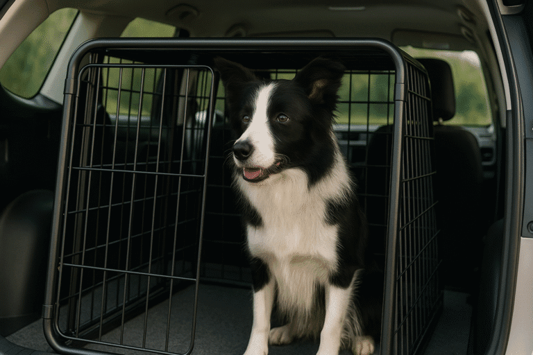Border Collie sidder trygt i et sort hundebur i bagagerummet af en bil på en solrig dag – symbol på sikker og komfortabel transport af hund i bil.