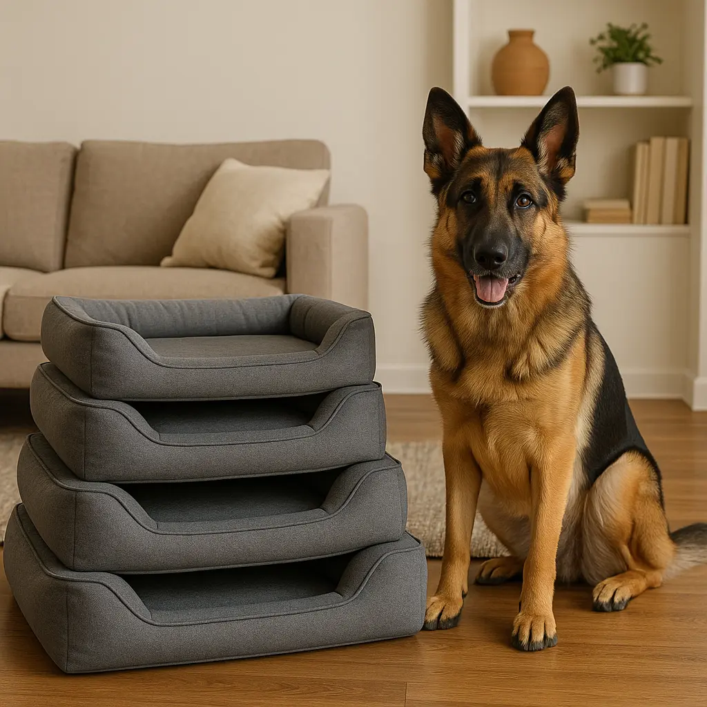 Ortopædisk hundesenge stablet og schæfer ved siden af