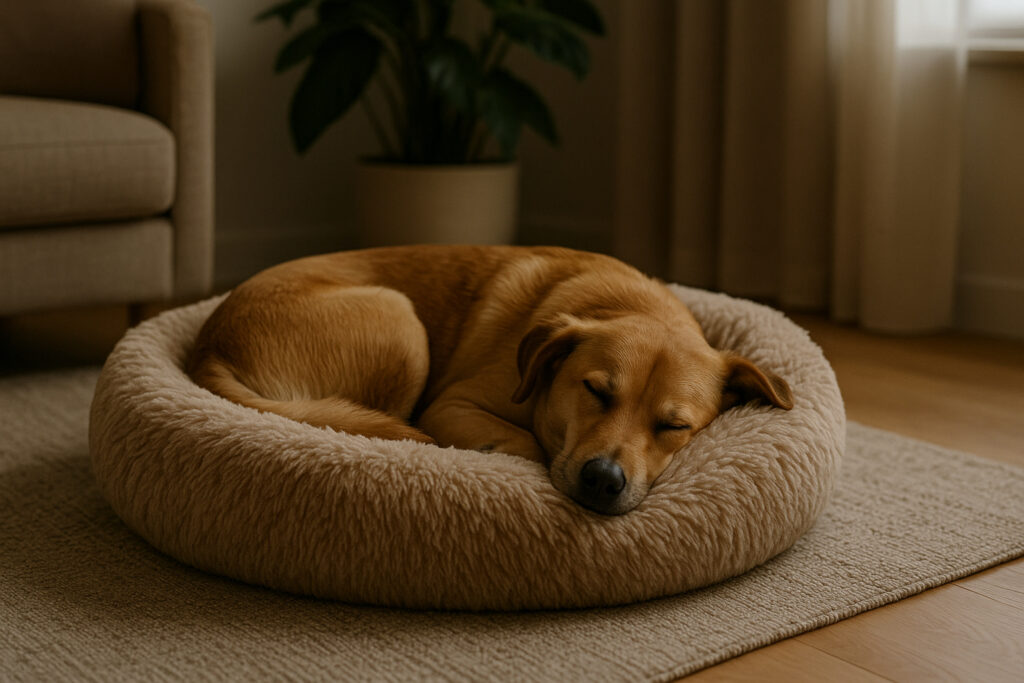 Mellemstor hund sover fredeligt i en beige donut hundeseng på tæppe i stuen med naturligt lys og rolige nordiske farver.
