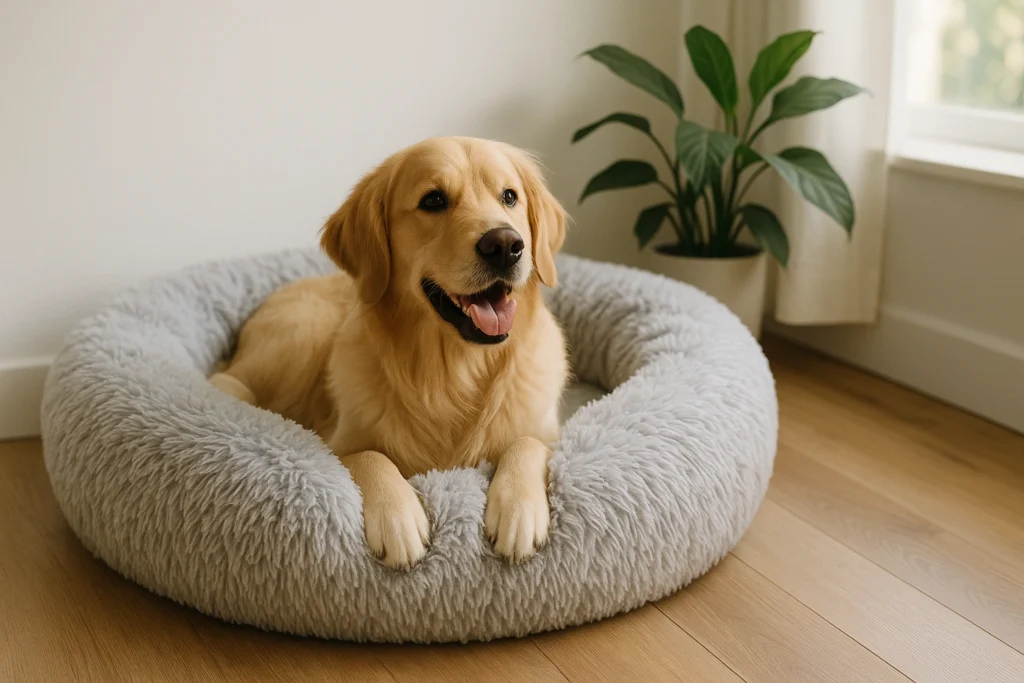 Hund ligger afslappet i en lysgrå donut hundeseng i et lyst, skandinavisk hjem med trægulv og grøn plante i baggrunden