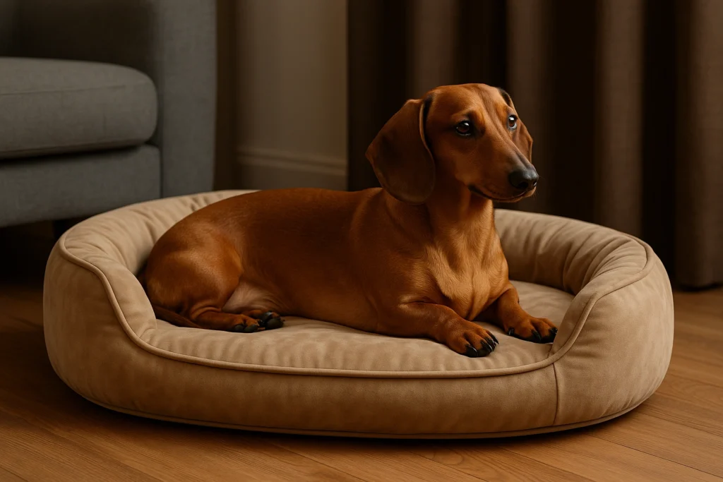 Dachshund / gravhund der ligger i en luksus hundeseng i en moderne stu
