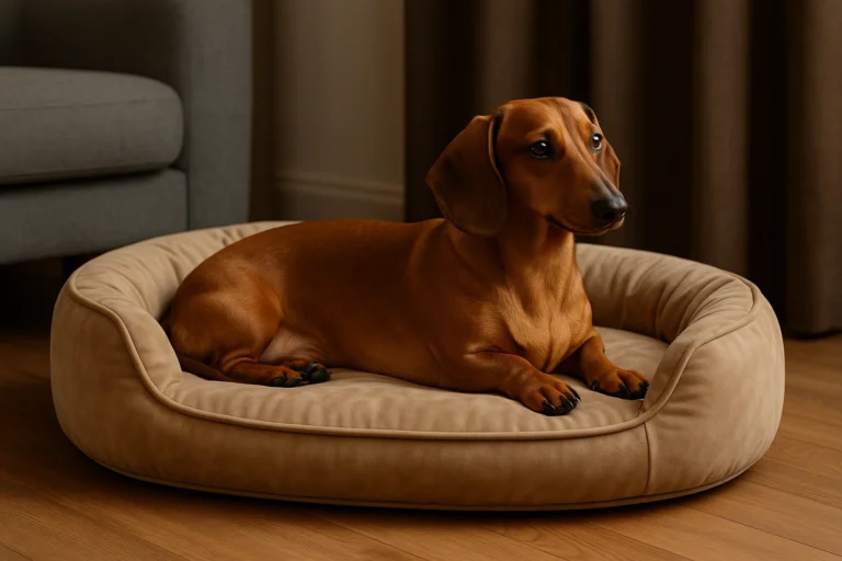 Dachshund / gravhund der ligger i en luksus hundeseng i en moderne stue