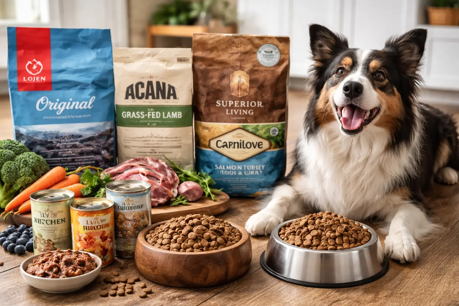 Glad hund foran forskellige typer hundefoder – tørfoder, vådfoder og rå ingredienser – illustration til guide om bedste hundefoder