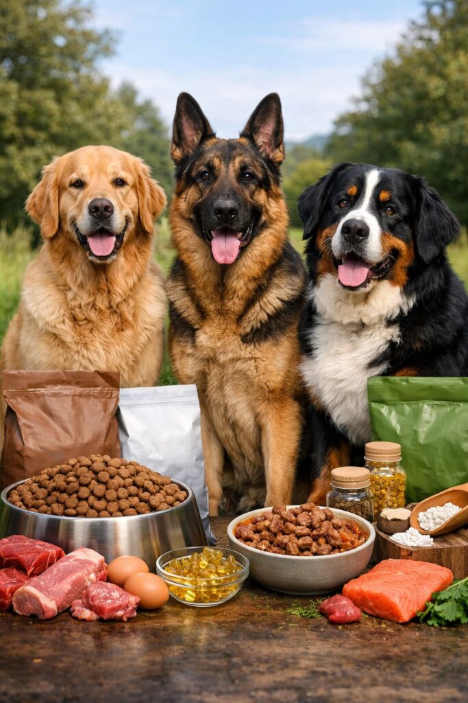 Bedste hundefoder til store hunde. 3 store hunde på billedet