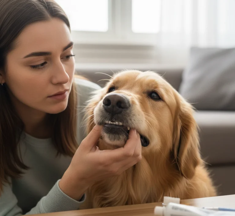 En hundeejer der tjekker tænder på sin hund fordi denne hund lugter fra munden, med fokus på mundhygiejne og tandpleje i hjemmet.
