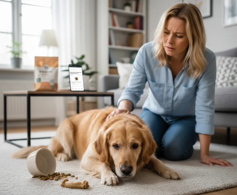 En bekymret kvinde sidder på gulvet i en stue og trøster sin hund, der ligger ved siden af en væltet madskål. Billedet illustrerer artiklen om, hvorfor en hund kaster op efter foder, og hvordan man håndterer maveproblemer.
