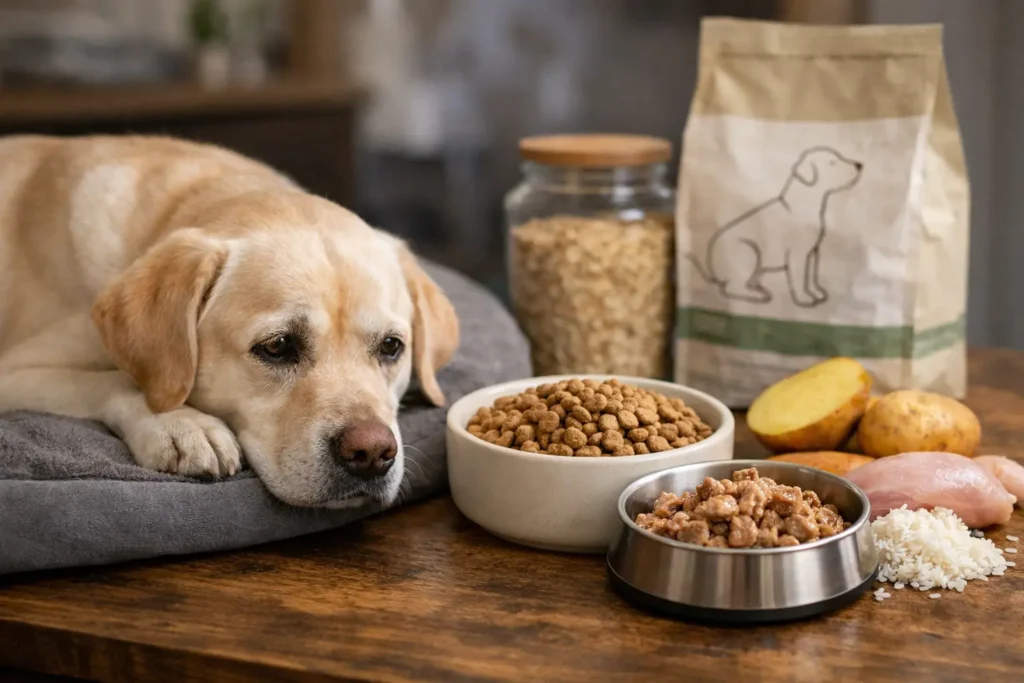 Hund med sart mave ligger ved siden af skånsomt hundefoder med få ingredienser som ris, kartoffel og kylling