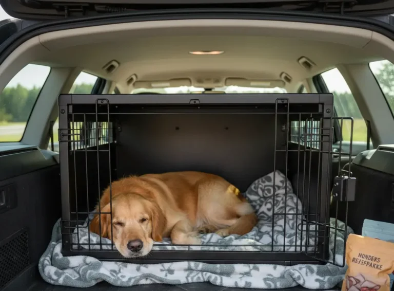 En rolig Golden Retriever ligger på et blødt tæppe inde i et trygt hundebur i bagagerummet på en bil. Ved siden af buret ses en vandskål og en pose godbidder, der illustrerer praktiske tip til køreturen.