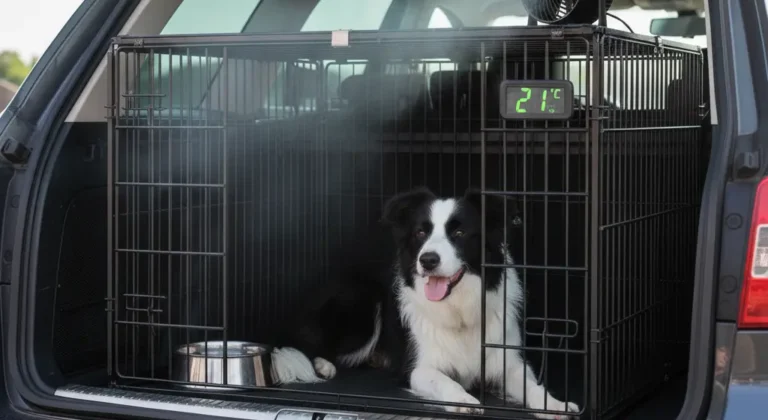 Hund i bil ventilation – sort og hvid hund ligger sikkert i hundebur i bagagerum med aktiv ventilation, temperaturmåler og luftcirkulation, der sikrer et køligt og komfortabelt miljø under transport.