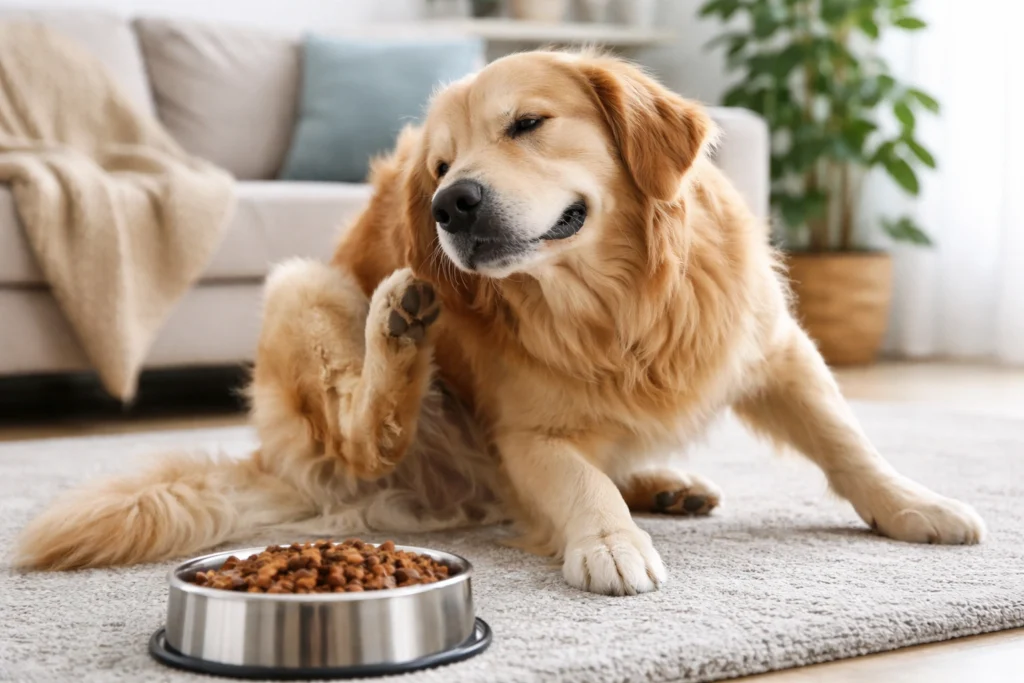 Hund klør sig efter foder og viser tegn på hudirritation