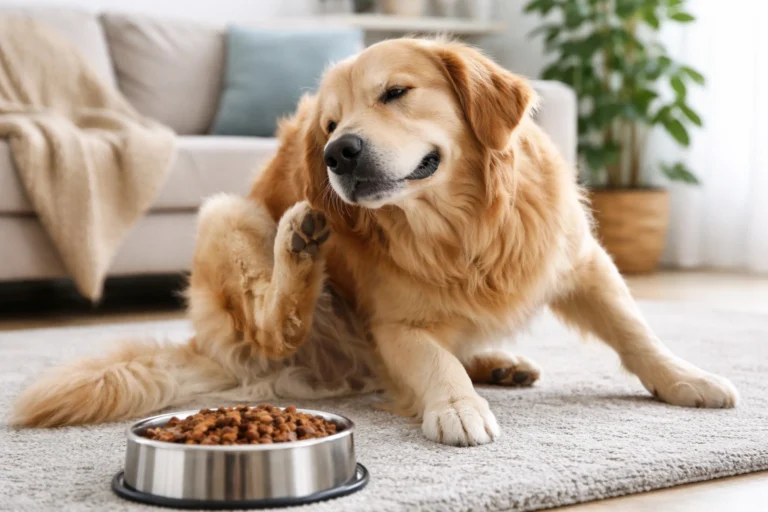 Hund klør sig efter foder og viser tegn på hudirritation