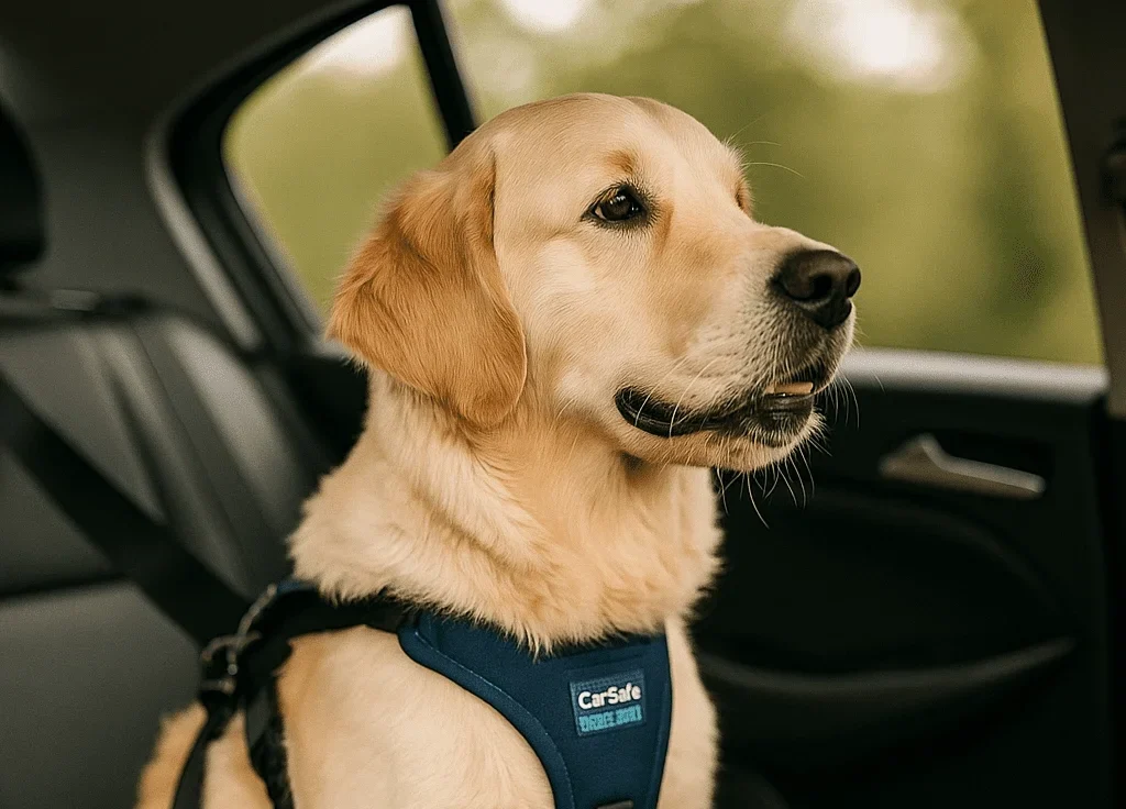 Hundesele til bil – golden retriever spændt fast på bagsædet