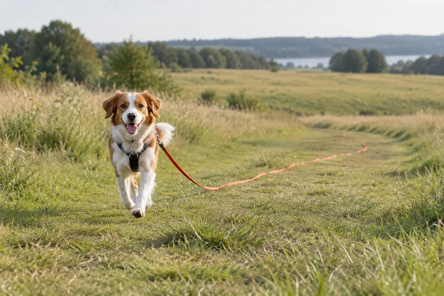 Hund træner indkald med lang hundesnor på åbent område