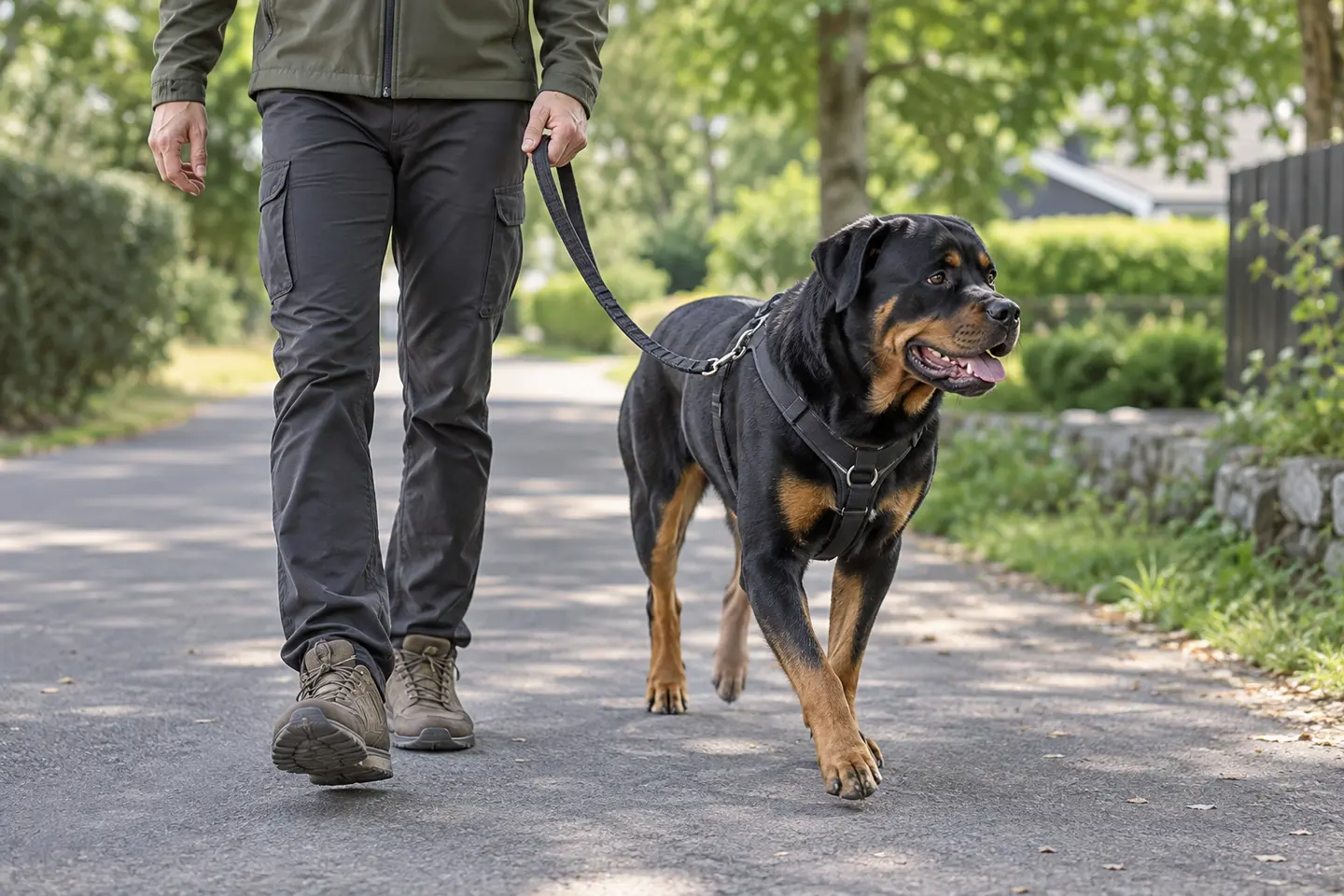 Stor hund går roligt med robust hundesnor og sele